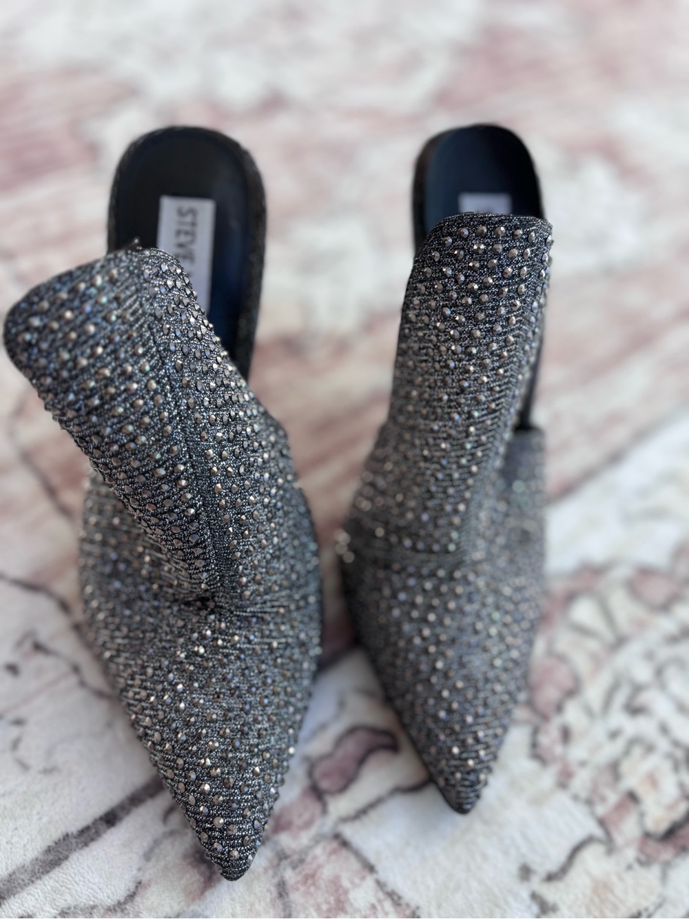 Steve Madden Black Crystal-Studded Pointed Mules